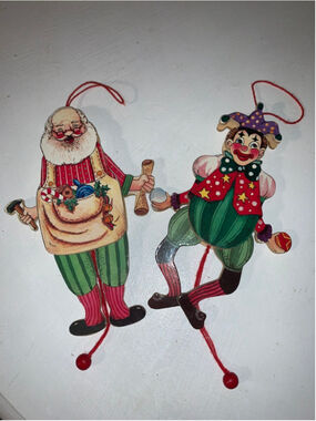 Unbranded Holiday Ornaments Santa & Clown Pull String Wood Decor One Size Red Gr